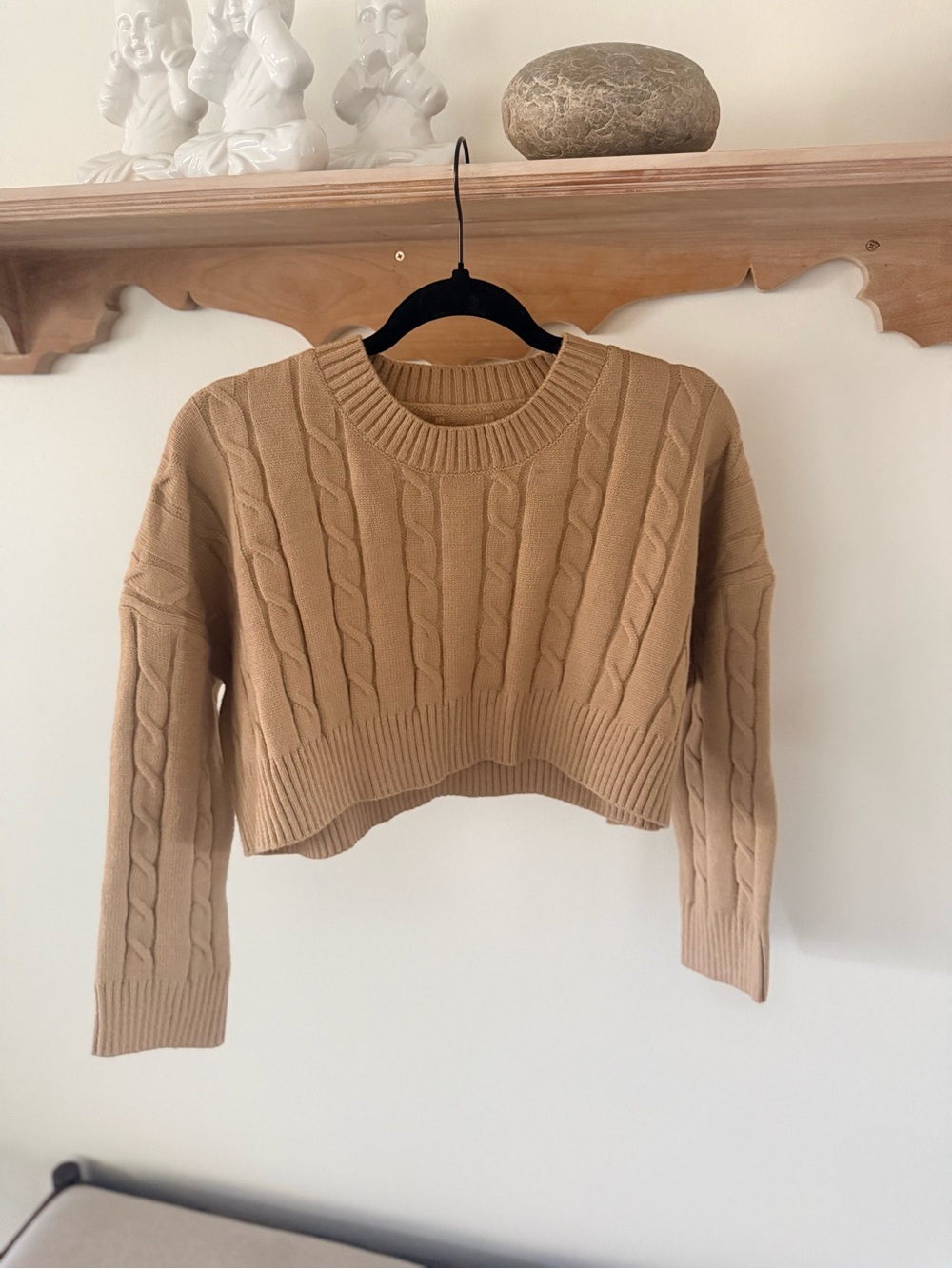 Commense Cropped Cable Crew Sweater in Camel